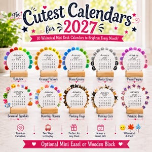 May include: A collection of ten 2027 mini desk calendars featuring various themes including rainbow, floral, animal, and star designs. Each circular calendar is mounted on a small wooden block base, displaying the month of January 2027.