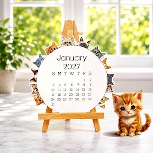 2027 Peeking Cats Mini Desk Calendar, stackable, Unique Round design