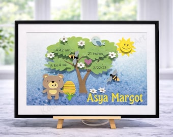 May include: A framed artwork featuring a tree design with a bear, bees, and a smiling sun. The artwork includes the name "Asya Margot" and birth details: 4:42 am, 8 lbs 4 oz, 21 inches, and 2/22/23.