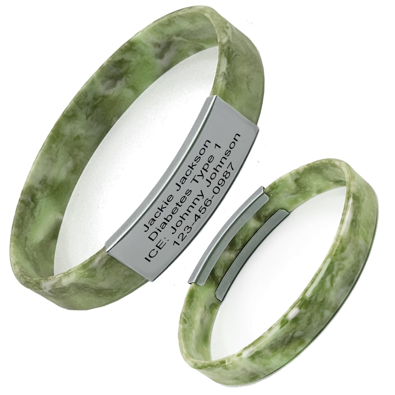 May include: Green silicone medical alert bracelet with a silver metal tag engraved with the text "Jackie Jackson, Diabetes Type 1, ICE: Johnny Johnson, 123-456-0987".