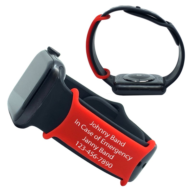 Medical Alert Id Band that gets over Watchband. Designed for Medical and Alert uses for men, women and children that wear a watch that want  to carry and ID product with them. Custom Engraved, with 4 lines of engraving and color filled white silicone
