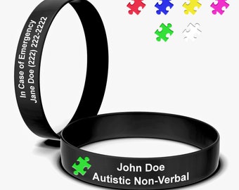 Handcrafted Autism Medical Bracelet with Puzzle Piece - Unique Jewelry for Awareness and Support - Custom Engraved and Silicone Color Filled
