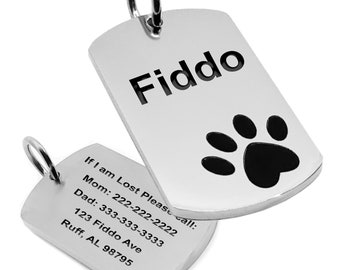 Custom Engraved Stainless Steel Pet ID Tag with Black Paw Print  - Stainless Steel Pet ID Tags w/ Black Paw Print, Durable & Stylish,