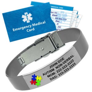 Grijze Autism Awareness ID-armband – aangepaste gravure, noodkaart, puzzelontwerp, gepersonaliseerd voor veiligheid