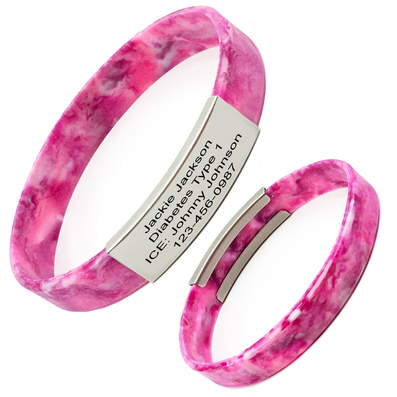 May include: Two pink and white marbled silicone bracelets with a silver metal tag. The tag reads "Jackie Jackson, Diabetes Type 1, ICE: Johnny Johnson, 123-456-0987".