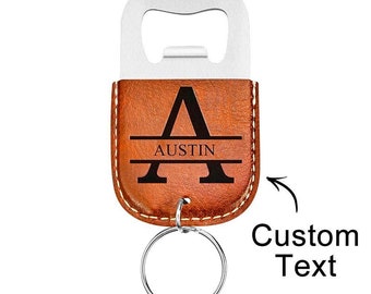 Personalized Leather Bottle Opener Keychain - Engraved Monogram Gift