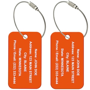 Aangepaste oranje en witte bagagelabels - gepersonaliseerde verpakking van 2 x 3,5 inch, 2-8 inch met draadlussen van 6 inch