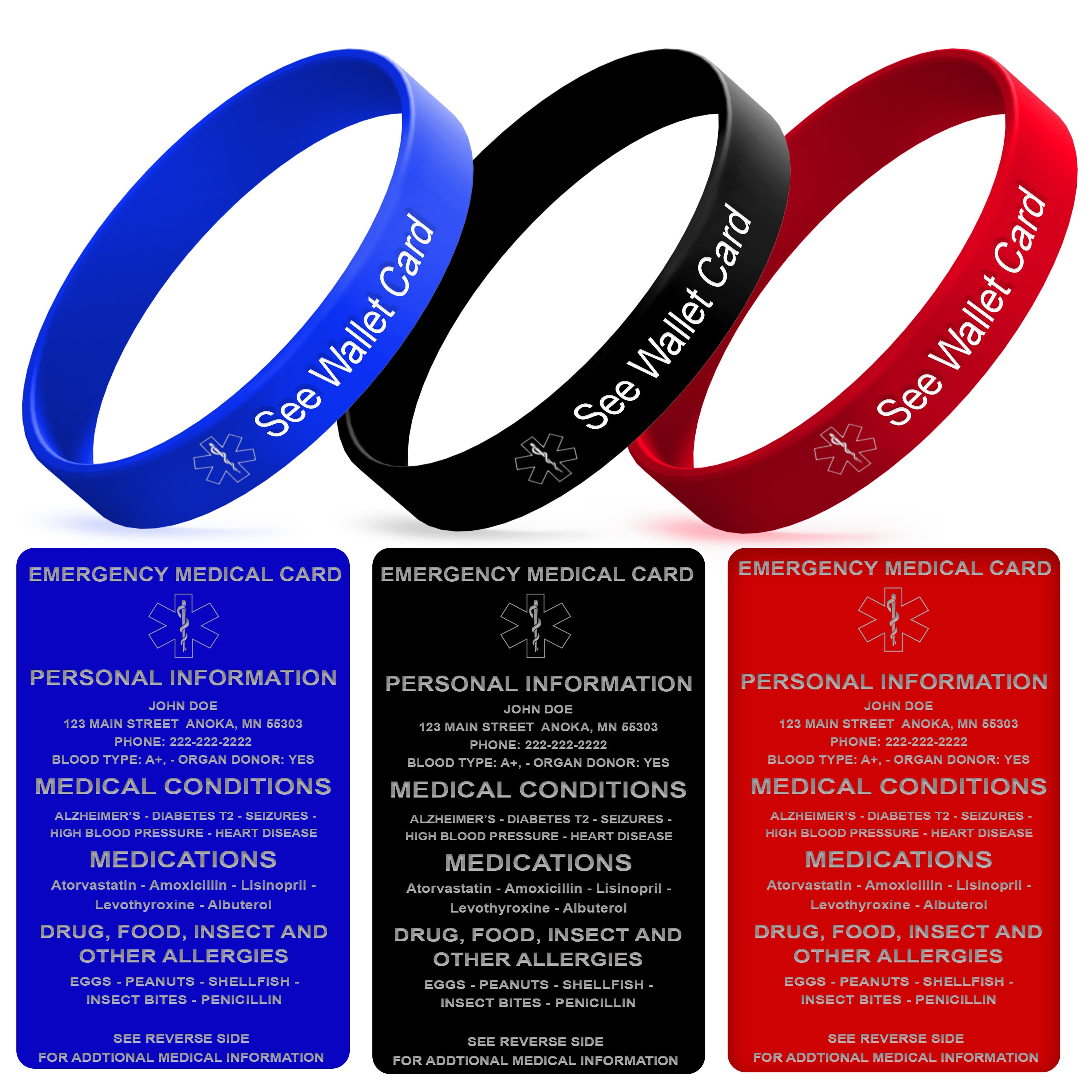 See Wallet Card Medical Alert Bracelet and Custom Engraved Anodized Aluminum Emergency Medical Card for Wallet
