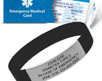 May include: Black medical alert bracelet with a silver plate. The plate has the wearer's name, medical condition, and emergency contact information. Includes a blue emergency medical card.
