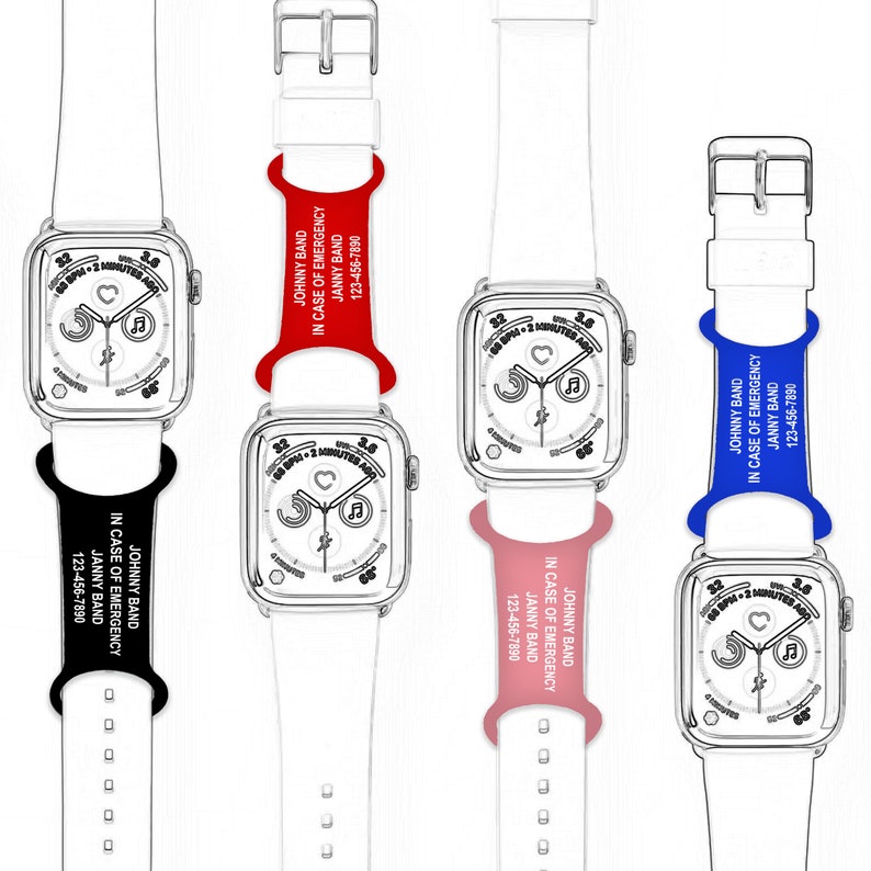 Medical Alert ID Band Attachments for Men, Women and Children. 100% silicone with a white silicone fill that will not chip fade or wash away. Designed to be worn on a watchband as a ID Tag. 4 color options, red, black, blue, pink with white fill.
