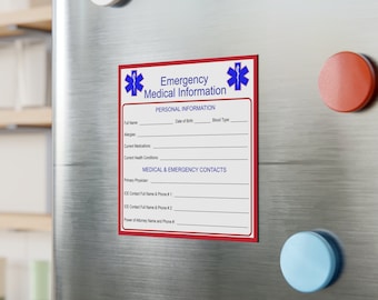Imán para refrigerador de alerta médica – Información de emergencia, 5" x 5"
