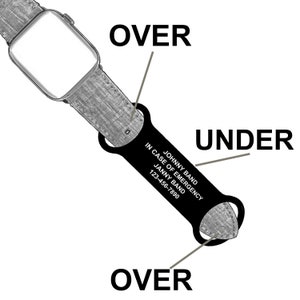 Alert ID Attachment Showing how slides over the watchband to custom fit the alert id.  Custom engraved Silicone color filling that will not chip, fade, or wash away. Designed for Men, Women and Children. Medical Alert ID Attachment for all watchbands