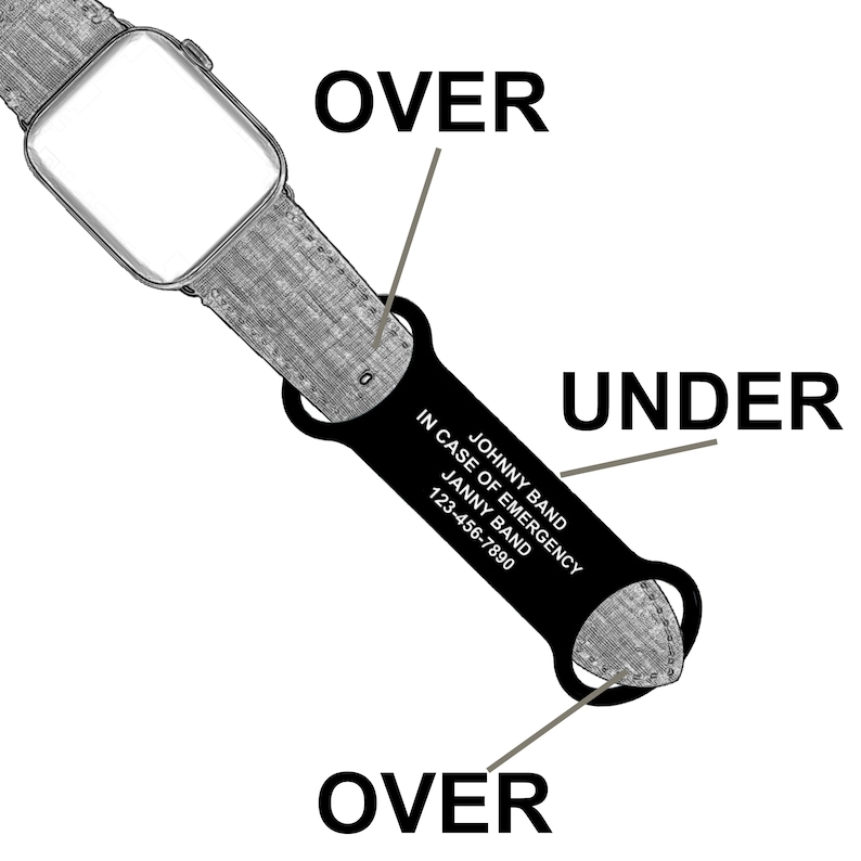 Alert ID Attachment Showing how slides over the watchband to custom fit the alert id.  Custom engraved Silicone color filling that will not chip, fade, or wash away. Designed for Men, Women and Children. Medical Alert ID Attachment for all watchbands