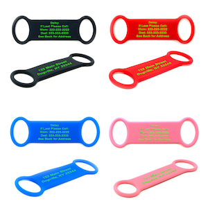 Engraved Silent Silicone Pet ID Tag - Slide On Rubber Dog Tag - Microchipped Cat Name Tag