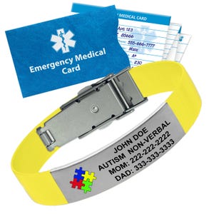 Aanpasbare gele medische armband voor autisme – inclusief noodkaart, puzzelontwerp, aangepaste gravure