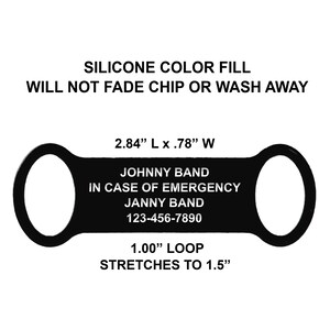 Alert ID Attachment showing sizes of attachment.  Slides over the watchband. Custom engraved Silicone color filling that will not chip, fade, or wash away. Designed for Men, Women and Children to wear as a Medical Alert ID, In case of Emergency ID.