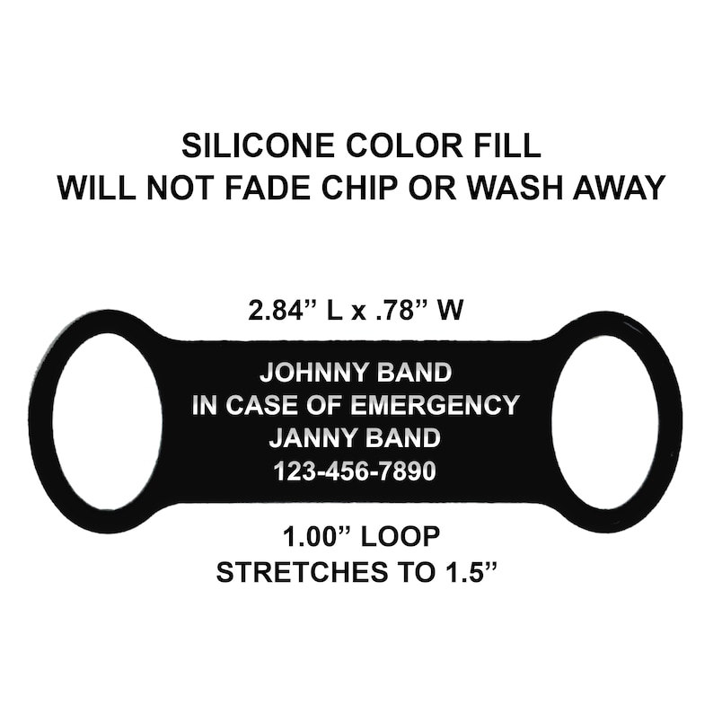 Alert ID Attachment showing sizes of attachment.  Slides over the watchband. Custom engraved Silicone color filling that will not chip, fade, or wash away. Designed for Men, Women and Children to wear as a Medical Alert ID, In case of Emergency ID.
