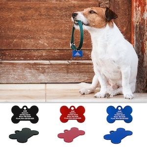Custom Engraved Pet Bone Pet Tag for Dog, Cats, Animals - Size 1.5" x  1.00" Anodized Aluminum Red, Blue or Black Color Option