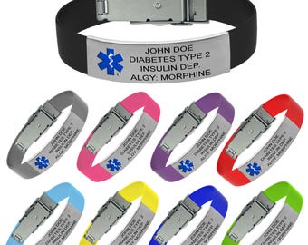 Pulsera de alerta médica personalizada con grabado: correa deportiva fina de silicona