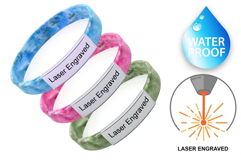 May include: Three silicone bracelets with a marbled pattern in blue, pink, and green. Each bracelet has a silver plate with the words "Laser Engraved" on it. The image also shows a water drop with the word "WATERPROOF" and a laser engraving illustration.