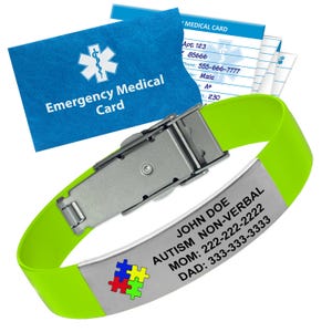 Limoengroene medische ID-armband voor autisme – gepersonaliseerd met puzzelontwerp en noodkaart, aangepaste gravure