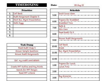 Time Boxing Template Daily Planner Time Management Printable Template ...