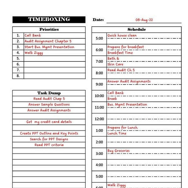 Daily Time Blocking / Daily Time Boxing Printable Template
