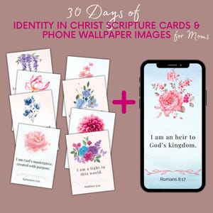 30 imágenes de fondo de pantalla para teléfono con la afirmación de la identidad en Cristo/ Tarjetas con versículos bíblicos con motivos florales en acuarela para imprimir/ Versículos bíblicos con motivos florales en rosa, azul y rosa