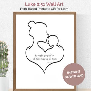 Luke 2:51 Scripture Line Art | Mother‑Son Printable Bible Verse | Minimalist Christian Wall Decor
