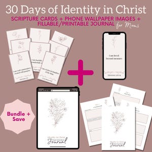 Imágenes de fondo de pantalla para teléfono con la afirmación de identidad en Cristo durante 30 días, tarjetas imprimibles con las Sagradas Escrituras en rosa ruborizado, diario minimalista con versículos bíblicos florales