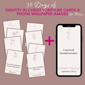 30 imágenes de fondo de pantalla para teléfono con la afirmación de la identidad en Cristo, tarjetas con las Escrituras en rosa ruborizado para imprimir, versículos bíblicos florales minimalistas modernos