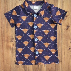 Blue Highland Cows Western Button Up Top For Boys, Baby, Toddler, and Youth Boys