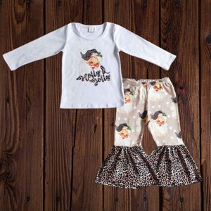 Cheetah Santa Christmas Bell Bottoms Girl Boutique Outfit, Christmas Baby Girl