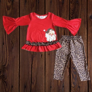 Cheetah Santa Christmas Bell Sleeve Girl Boutique Outfit, Christmas Baby Girl