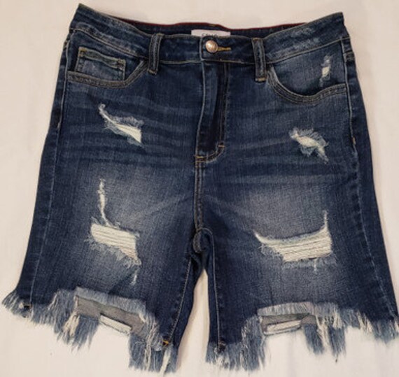 Cello Ripped High Rise Frayed Hem Denim Shorts