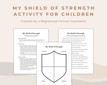 May include: A printable worksheet for children to identify their strengths and build resilience. The worksheet features a shield divided into four sections: family, friends, skills, and others. The worksheet includes instructions and examples of internal strengths.