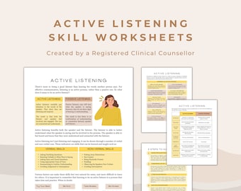 May include: A printable worksheet with the title "Active Listening Skill Worksheets" created by a Registered Clinical Counsellor. The worksheet includes information about active listening, passive listening, verbal and non-verbal skills, and steps to active listening. The worksheet is designed to help people improve their communication skills.