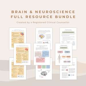 May include: A bundle of educational resources on brain and neuroscience. The documents include diagrams and text explaining the parts of the brain, unmet needs, and the nervous system. The text includes "BRAIN & NEUROSCIENCE FULL RESOURCE BUNDLE". Created by a Registered Clinical Counsellor.