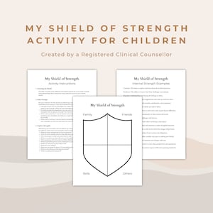 Puede incluir: Una hoja de trabajo imprimible para niños para identificar sus fortalezas y desarrollar su resiliencia. La hoja de trabajo presenta un escudo dividido en cuatro secciones: familia, amigos, habilidades y otros. La hoja de trabajo incluye instrucciones y ejemplos de fortalezas internas.