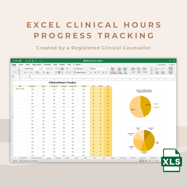 Clinical Hours Excel and Google Sheets Tracker for Practicum and Clinical Placement: Track Direct and Indirect Counseling Hours Daily