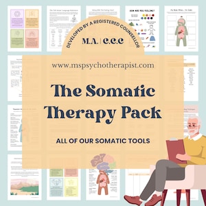 May include: A collection of printable worksheets and guides, titled "The Somatic Therapy Pack," designed for therapeutic use. The image includes text such as "How Are You Feeling?" and "My Body When... I'm Calm."