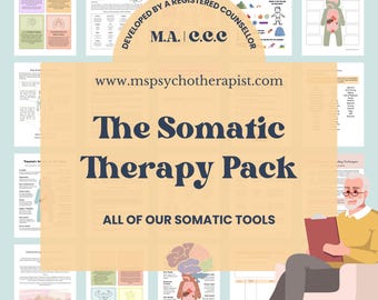 May include: A collection of printable worksheets and guides, titled "The Somatic Therapy Pack," designed for therapeutic use. The image includes text such as "How Are You Feeling?" and "My Body When... I'm Calm."
