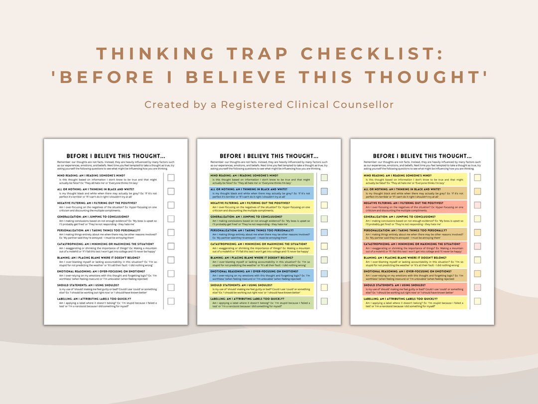 Thinking Trap Checklist Worksheet for Analyzing Thoughts and