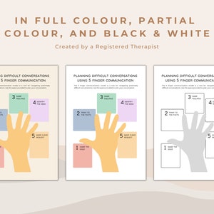 May include: A printable worksheet with three different versions of a hand diagram. The first version is in full colour, the second is in partial colour, and the third is in black and white. The diagram is labelled with the text "Planning Difficult Conversations Using 5 Finger Communication".