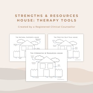 May include: Three black and white printable worksheets for therapy. Each worksheet features a house with different prompts for self-reflection. The first worksheet is titled "The Natural Supports House", the second is titled "The Positive Self-Talk House", and the third is titled "The Strengths & Resources House".