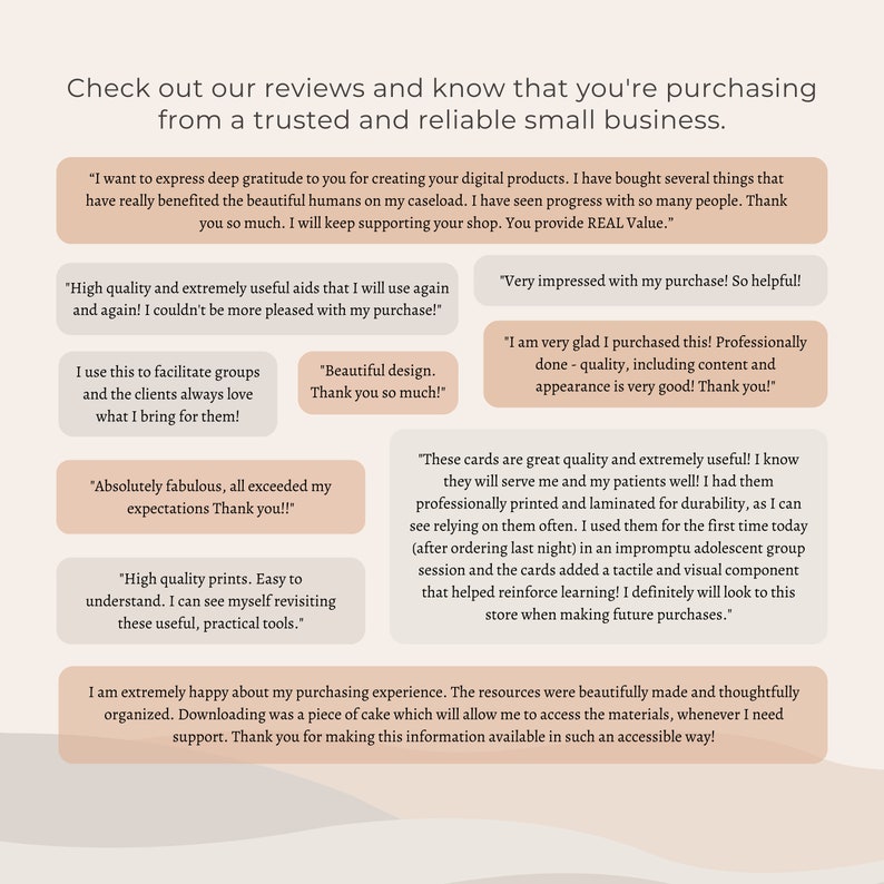May include: A collage of customer reviews highlighting the positive experiences with digital products, including high-quality prints, design templates, and educational resources. The reviews emphasize the usefulness, quality, and value of the products.