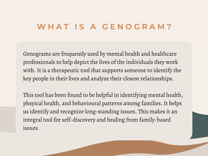 Peut inclure: Une infographie textuelle expliquant ce qu'est un g&eacute;no gramme et comment il est utilis&eacute; par les professionnels de la sant&eacute; mentale et des soins de sant&eacute;. Le texte explique qu'un g&eacute;no gramme est un outil th&eacute;rapeutique qui aide les gens &agrave; identifier les personnes cl&eacute;s de leur vie et &agrave; analyser leurs relations les plus proches. Le texte explique &eacute;galement qu'un g&eacute;no gramme peut &ecirc;tre utile pour identifier les probl&egrave;mes de sant&eacute; mentale, physique et comportementaux au sein des familles.