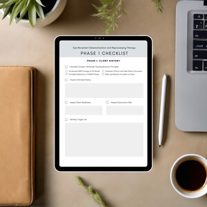 May include: A digital checklist for Eye Movement Desensitization and Reprocessing Therapy (EMDR) with sections for client history, readiness, dissociation risk, and target list.