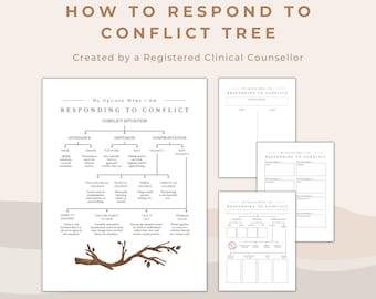 May include: A printable worksheet titled "How to Respond to Conflict Tree" with a tree diagram showing different ways to respond to conflict. The worksheet is created by a Registered Clinical Counselor.