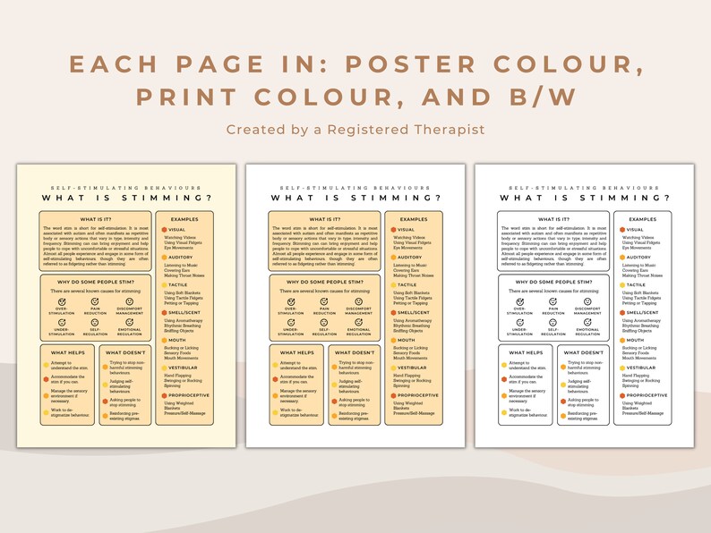May include: Three printable pages with information about self-stimulating behaviors, also known as "stimming". The pages are titled "What is Stimming?" and include sections on examples, why people stim, what helps, and what doesn't help. The pages are designed to be printed in poster color, print color, and black and white.